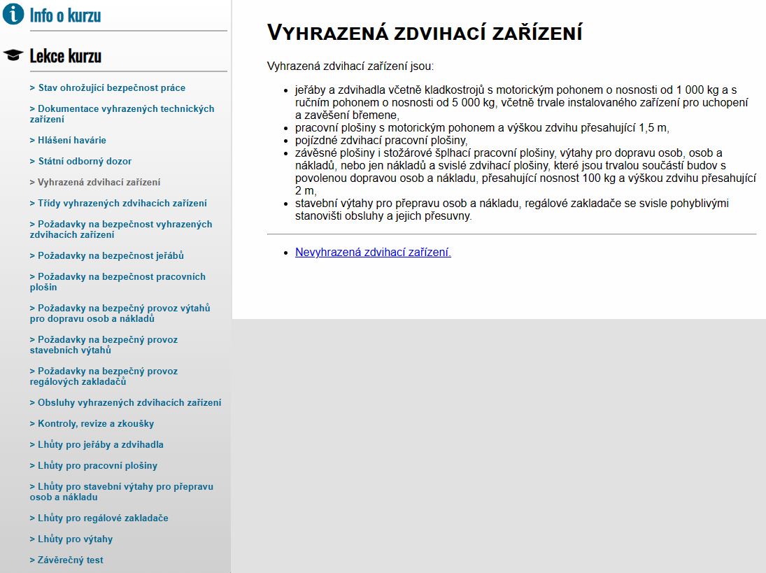 E-LEARNING Osoba odpovědná za provoz vyhrazených zdvihacích zařízení