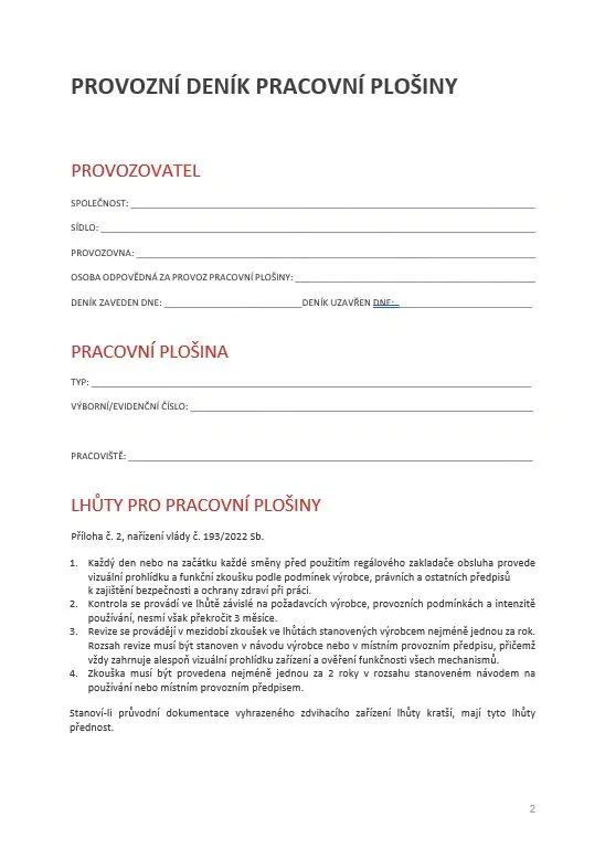 PROVOZNÍ DENÍK PRACOVNÍ PLOŠINY A4
