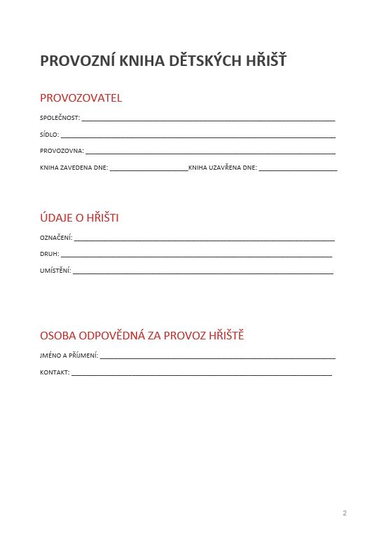 PROVOZNÍ KNIHA DĚTSKÝCH HŘIŠŤ 70 str. A4