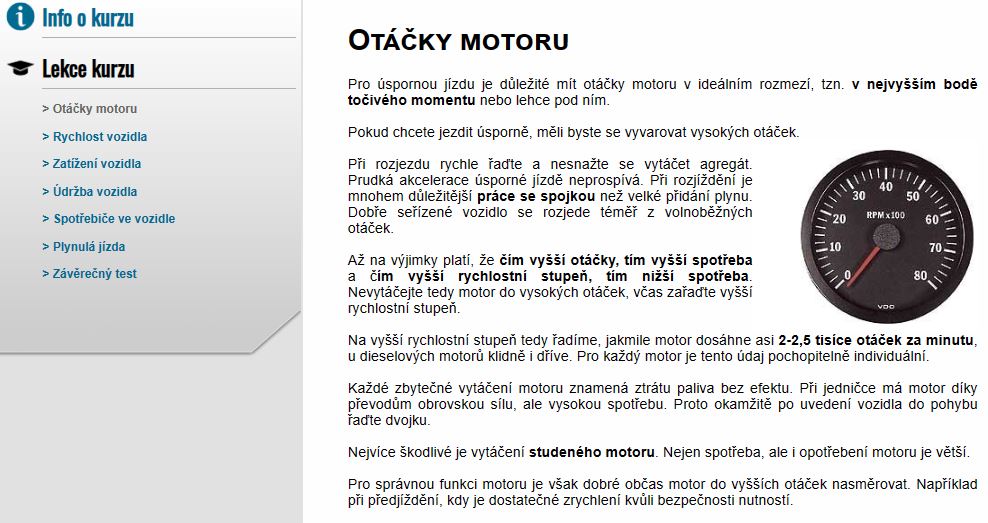 E-LEARNING BEZPEČNÁ JÍZDA 5: Úsporná jízda