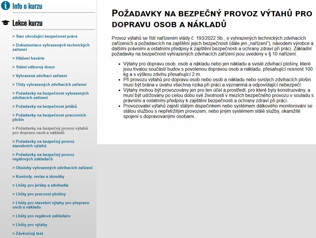E-LEARNING Osoba odpovědná za provoz vyhrazených zdvihacích zařízení